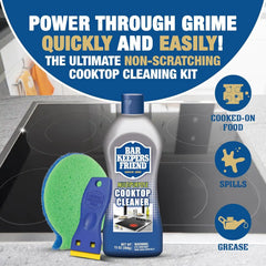 Bar Keepers Friend Cooktop Cleaner + Scraper + Dish Fish - Multipurpose Liquid Stovetop Cleanser, Safe for Use on Glass or Ceramic Cooking Surfaces, Copper, Brass, Chrome, Stainless Steel & Porcelain