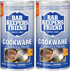 Bar Keepers Friend Cookware Cleanser & Polish (2 x 12 oz) Stainless Steel Cleaner & Degreaser for Pots, Pans, Bakeware & Grills - Removes Sticky Residue, Rust Stains & Lime Deposits
