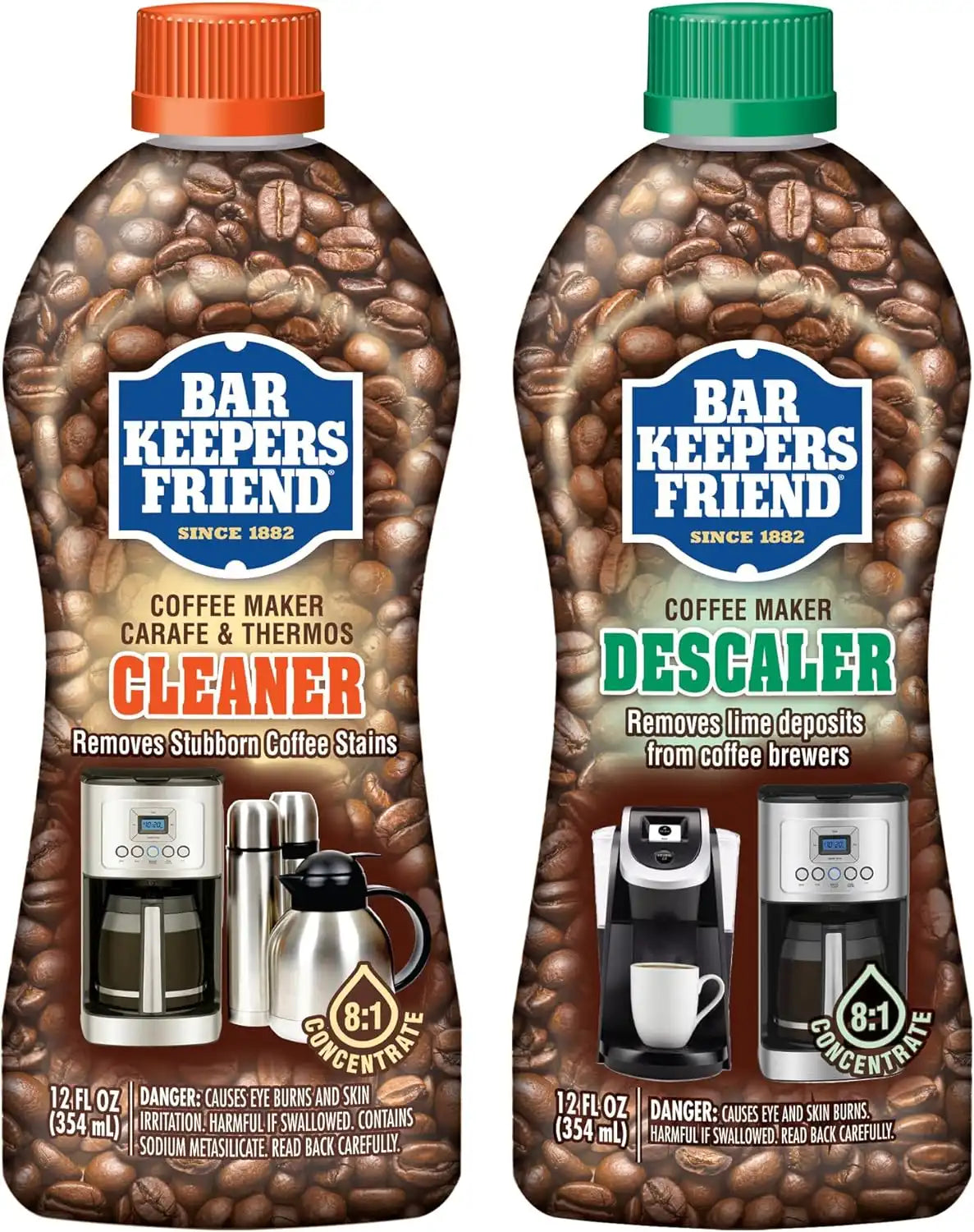 Bar Keepers Friend Coffee Maker Cleaner + Descaler (2 x 12 oz) Removes Stains & Oily Residue from Espresso Machines, Carafes, Thermos, Drip Coffee Pots, Single-Cup Coffee Makers & More