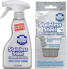 Bar Keepers Friend Stainless Steel Cleaner and Polish Spray (16 oz) Plus 1 Microfiber Cleaning Cloth, 2pc Cleaning Kit to Remove Oily Fingerprints, Grime and Food Debris without Dulling Surfaces