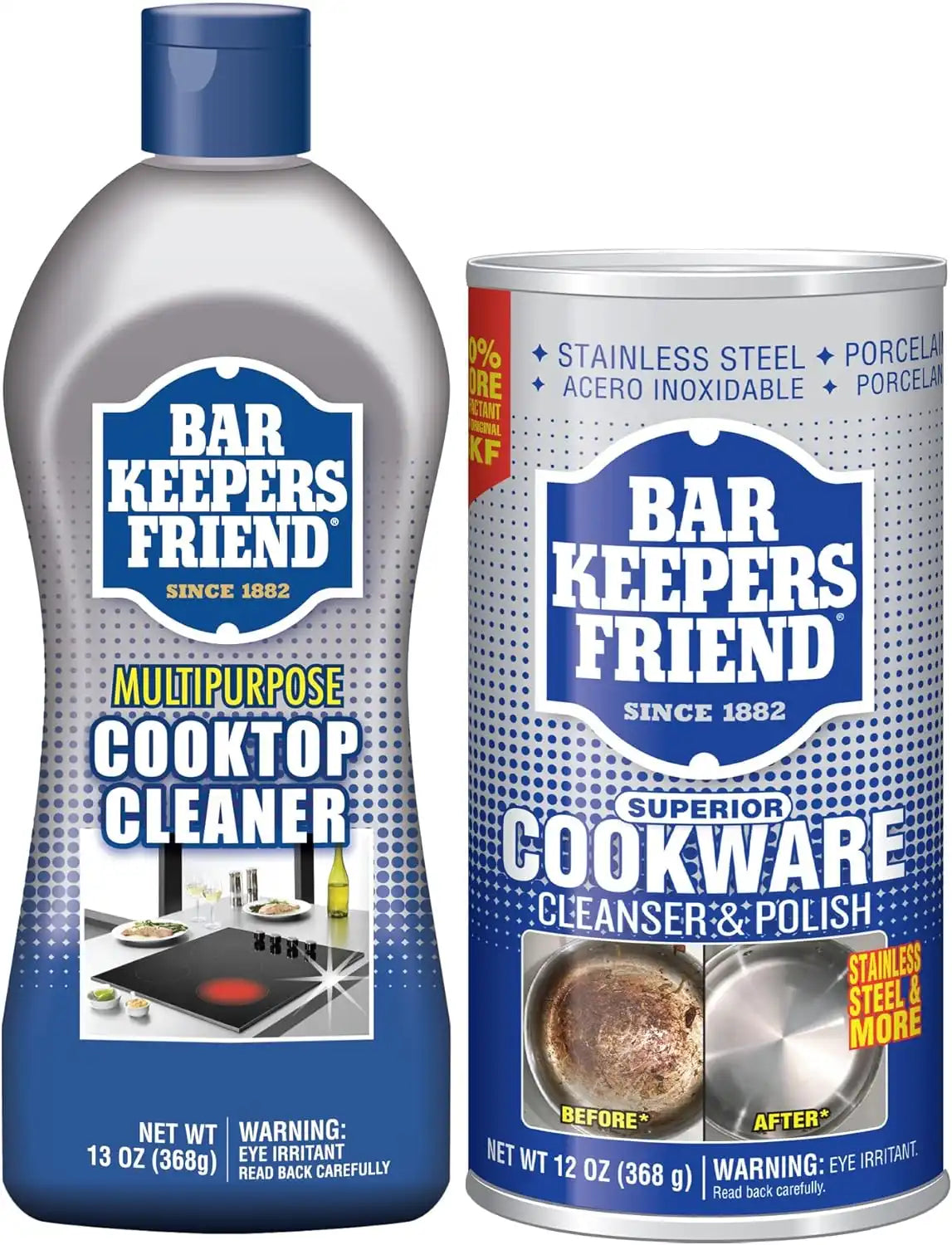 Bar Keepers Friend Cooktop Cleaner (13 oz) Multipurpose Liquid Stovetop Cleanser + Cookware Cleanser & Polish (12 oz) Stainless Steel Cleaner & Degreaser for Pots, Pans, Bakeware & Grills